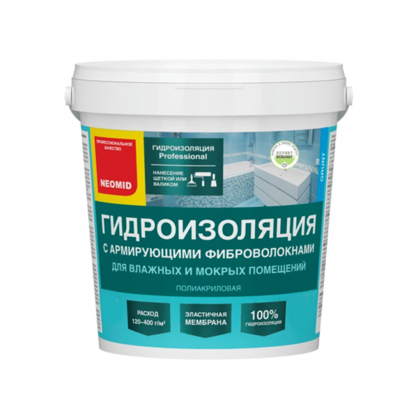 Гидроизоляция Neomid, полиакриловая, с армирующими фиброволокнами, 1.3 кг, для влажных и мокрых помещеняя, Н-Гидроиз-1,3